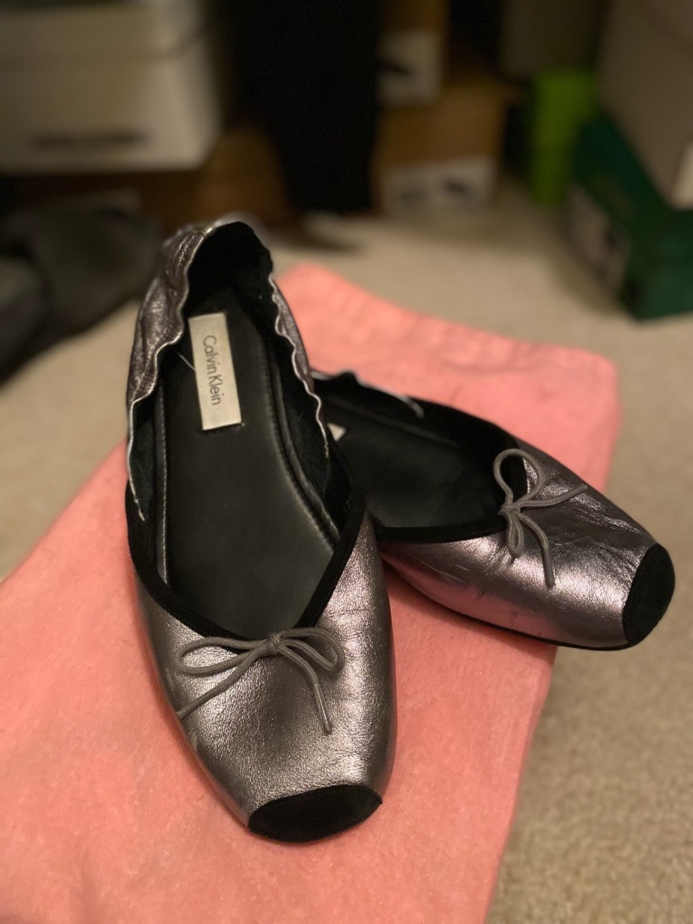 Calvin Klein Metallic Silver Ballet Flats with Bow